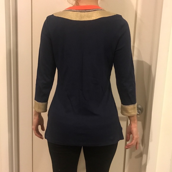 CHARTER CLUB NAVY, GOLD, & CORAL TUNIC TOP - Picture 3 of 4